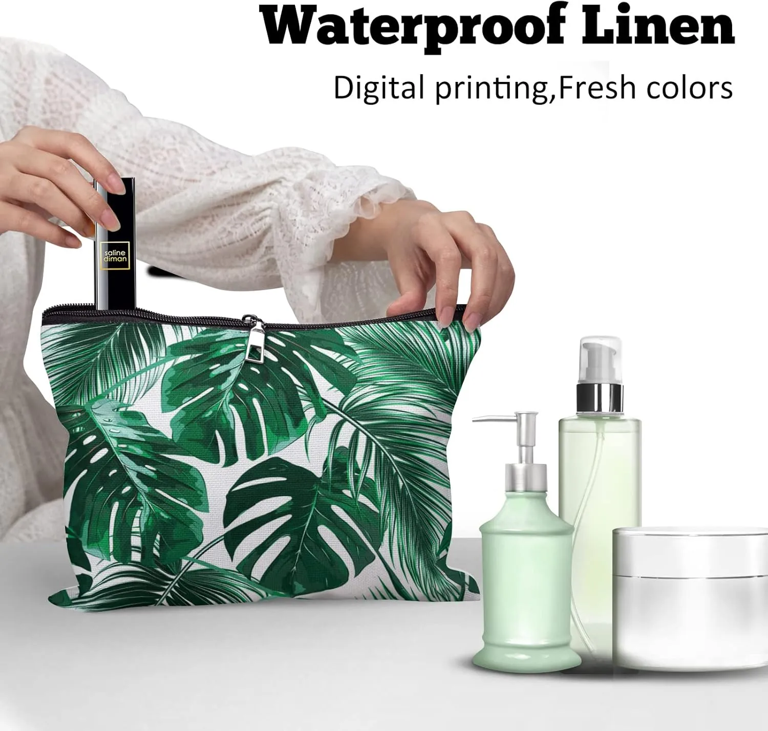 Cafl Hawaiian Palm Leaf Makeup Bag Tropical Palm Trees Cosmetic Bag Zipper Pouch Large Toiltry Bag Travel Linen Make Up Organizer Purse for Women 10×8Inch