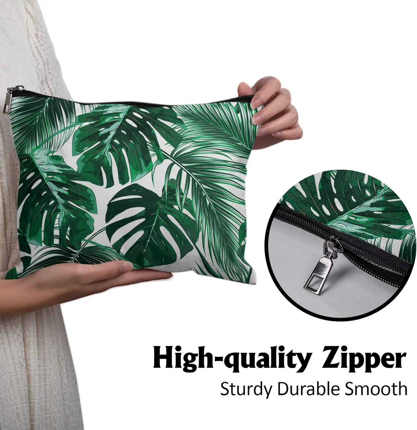 Cafl Hawaiian Palm Leaf Makeup Bag Tropical Palm Trees Cosmetic Bag Zipper Pouch Large Toiltry Bag Travel Linen Make Up Organizer Purse for Women 10×8Inch