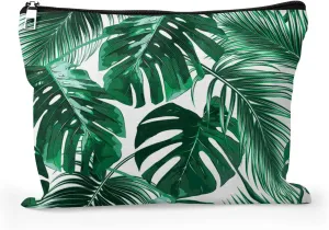 Cafl Hawaiian Palm Leaf Makeup Bag Tropical Palm Trees Cosmetic Bag Zipper Pouch Large Toiltry Bag Travel Linen Make Up Organizer Purse for Women 10×8Inch