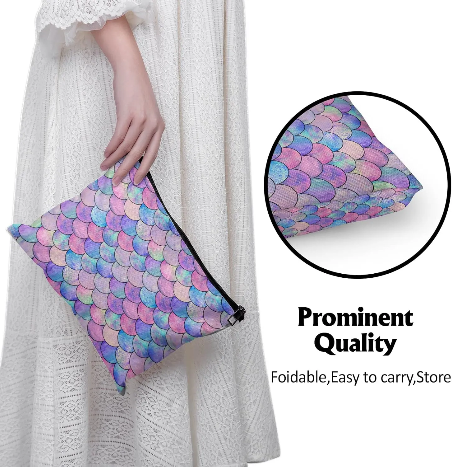 Cafl Mermaid Makeup Bag Mermaid Fish scale Cosmetic Bag Zipper Pouch Large Toiltry Bag Travel Linen Make Up Organizer Purse for Women 10×8Inch