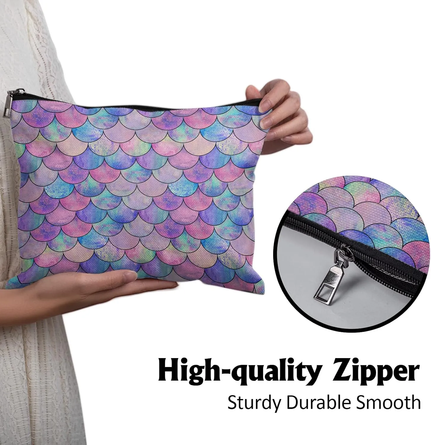 Cafl Mermaid Makeup Bag Mermaid Fish scale Cosmetic Bag Zipper Pouch Large Toiltry Bag Travel Linen Make Up Organizer Purse for Women 10×8Inch