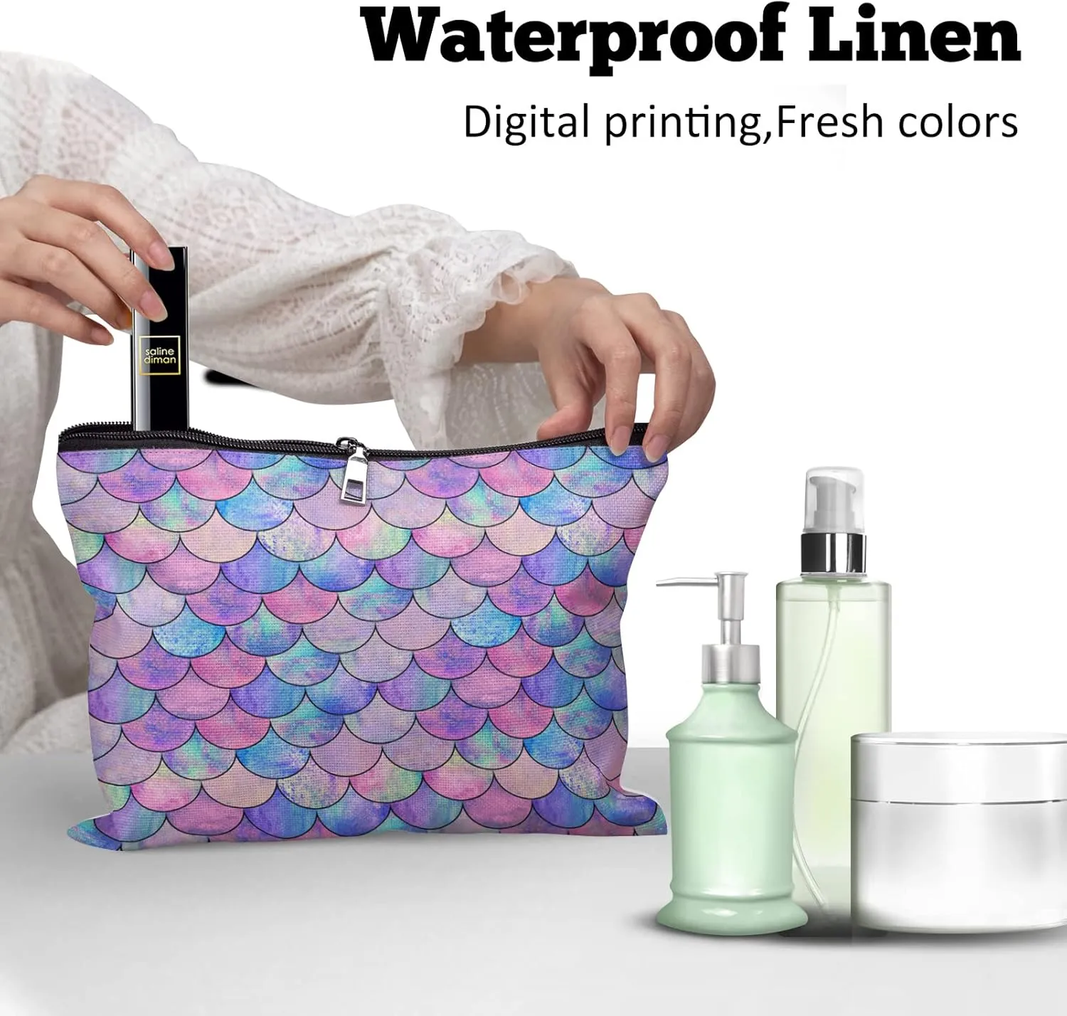 Cafl Mermaid Makeup Bag Mermaid Fish scale Cosmetic Bag Zipper Pouch Large Toiltry Bag Travel Linen Make Up Organizer Purse for Women 10×8Inch