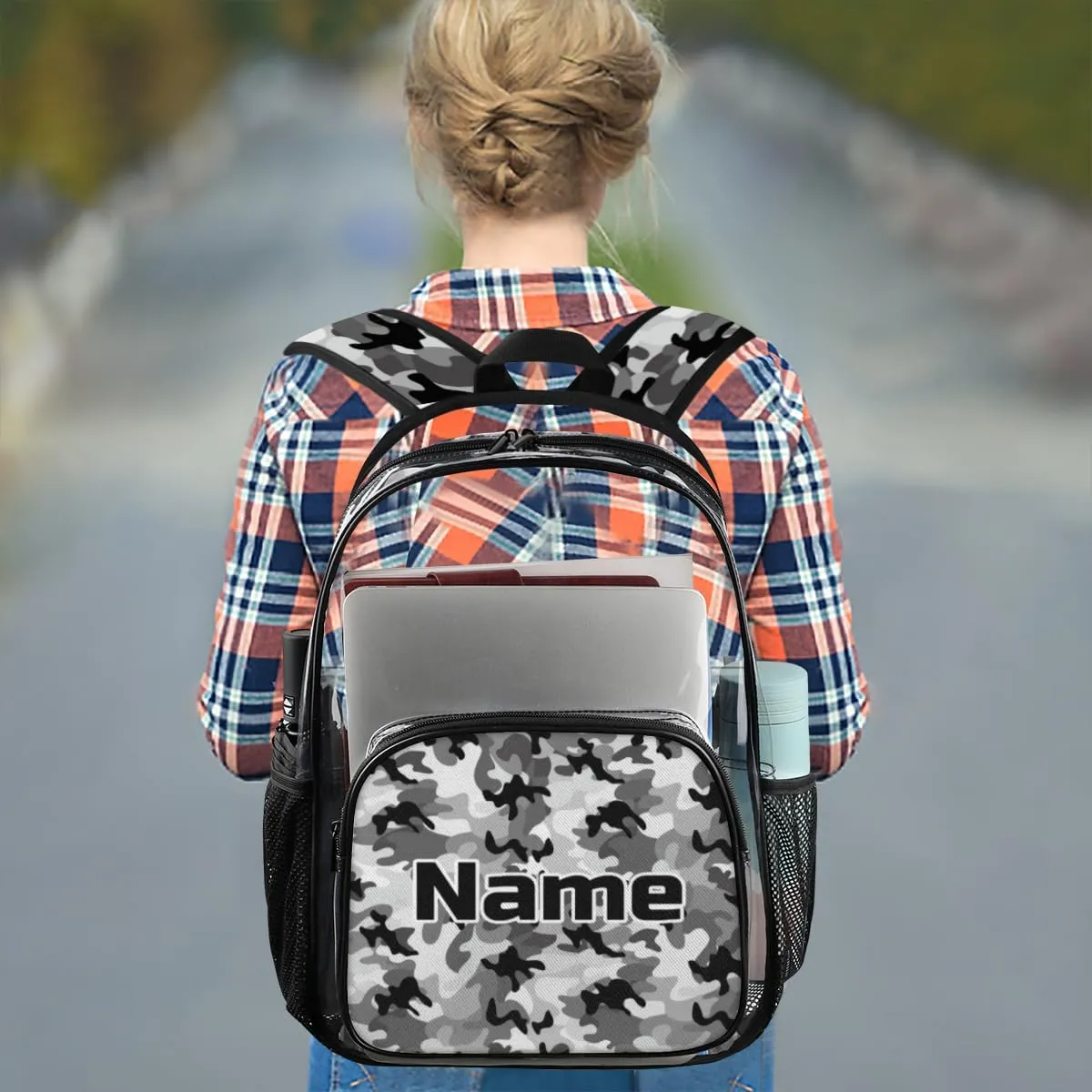Camo Personalized Clear Backpack Custom Large Clear Backpack Heavy Duty PVC Transparent Backpack with Reinforced Strap, Camouflage Black Grey