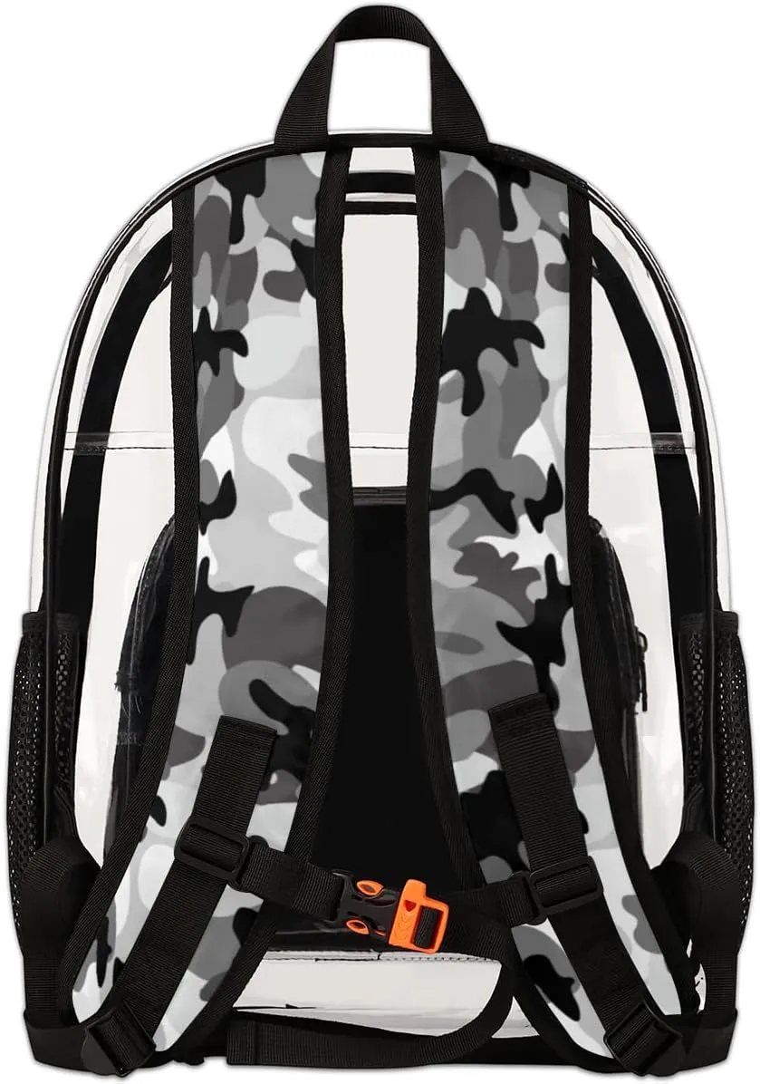 Camo Personalized Clear Backpack Custom Large Clear Backpack Heavy Duty PVC Transparent Backpack with Reinforced Strap, Camouflage Black Grey