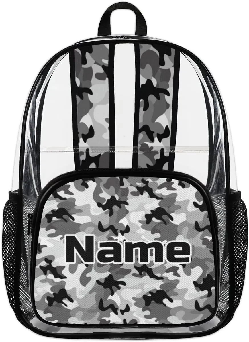 Camo Personalized Clear Backpack Custom Large Clear Backpack Heavy Duty PVC Transparent Backpack with Reinforced Strap, Camouflage Black Grey