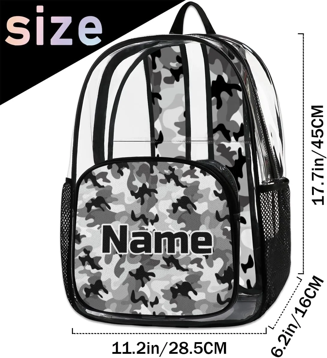 Camo Personalized Clear Backpack Custom Large Clear Backpack Heavy Duty PVC Transparent Backpack with Reinforced Strap, Camouflage Black Grey