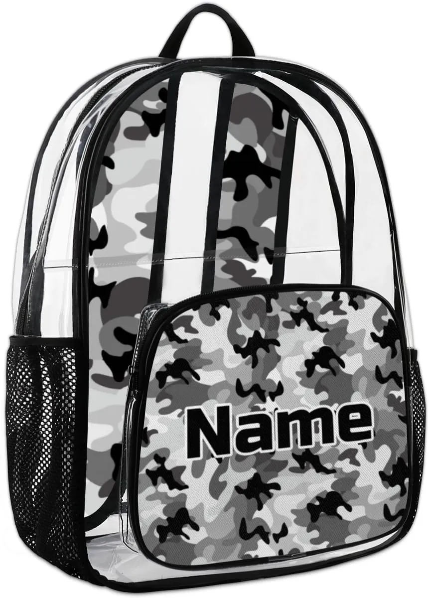 Camo Personalized Clear Backpack Custom Large Clear Backpack Heavy Duty PVC Transparent Backpack with Reinforced Strap, Camouflage Black Grey