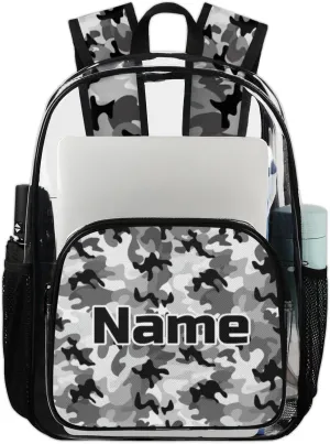 Camo Personalized Clear Backpack Custom Large Clear Backpack Heavy Duty PVC Transparent Backpack with Reinforced Strap, Camouflage Black Grey