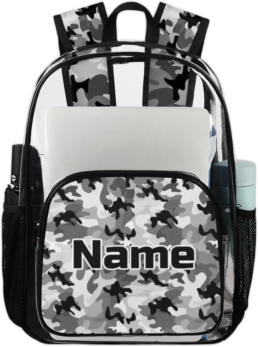 Camo Personalized Clear Backpack Custom Large Clear Backpack Heavy Duty PVC Transparent Backpack with Reinforced Strap, Camouflage Black Grey