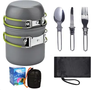 Camping Cookware Kit for Backpacking Gear, 5pcs Portable Set, Easy Storage - Pots and Pans for Backpack Camping, Forks and Spoons, Outdoor Cooking and Picnic, Camping Hiking and Backpacking Gear