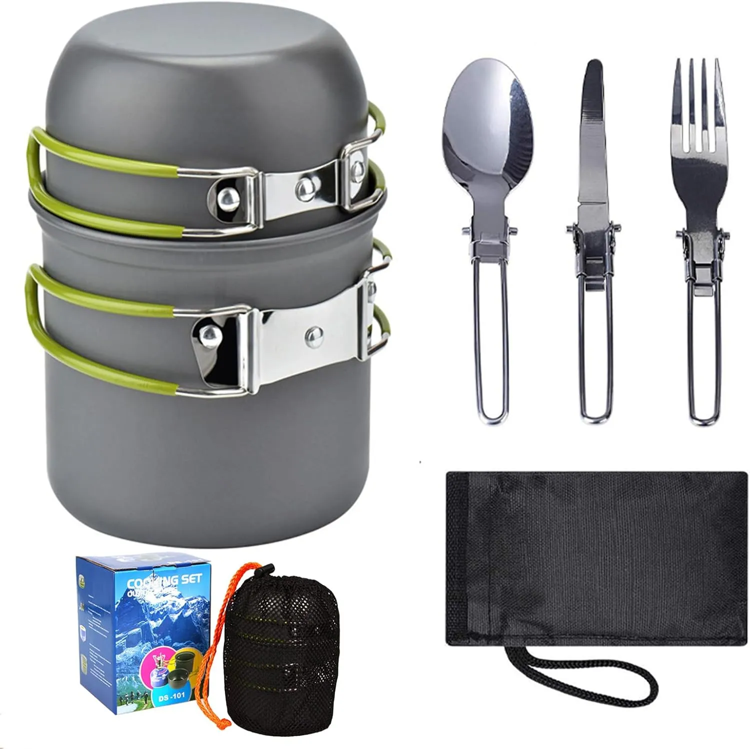 Camping Cookware Kit for Backpacking Gear, 5pcs Portable Set, Easy Storage - Pots and Pans for Backpack Camping, Forks and Spoons, Outdoor Cooking and Picnic, Camping Hiking and Backpacking Gear