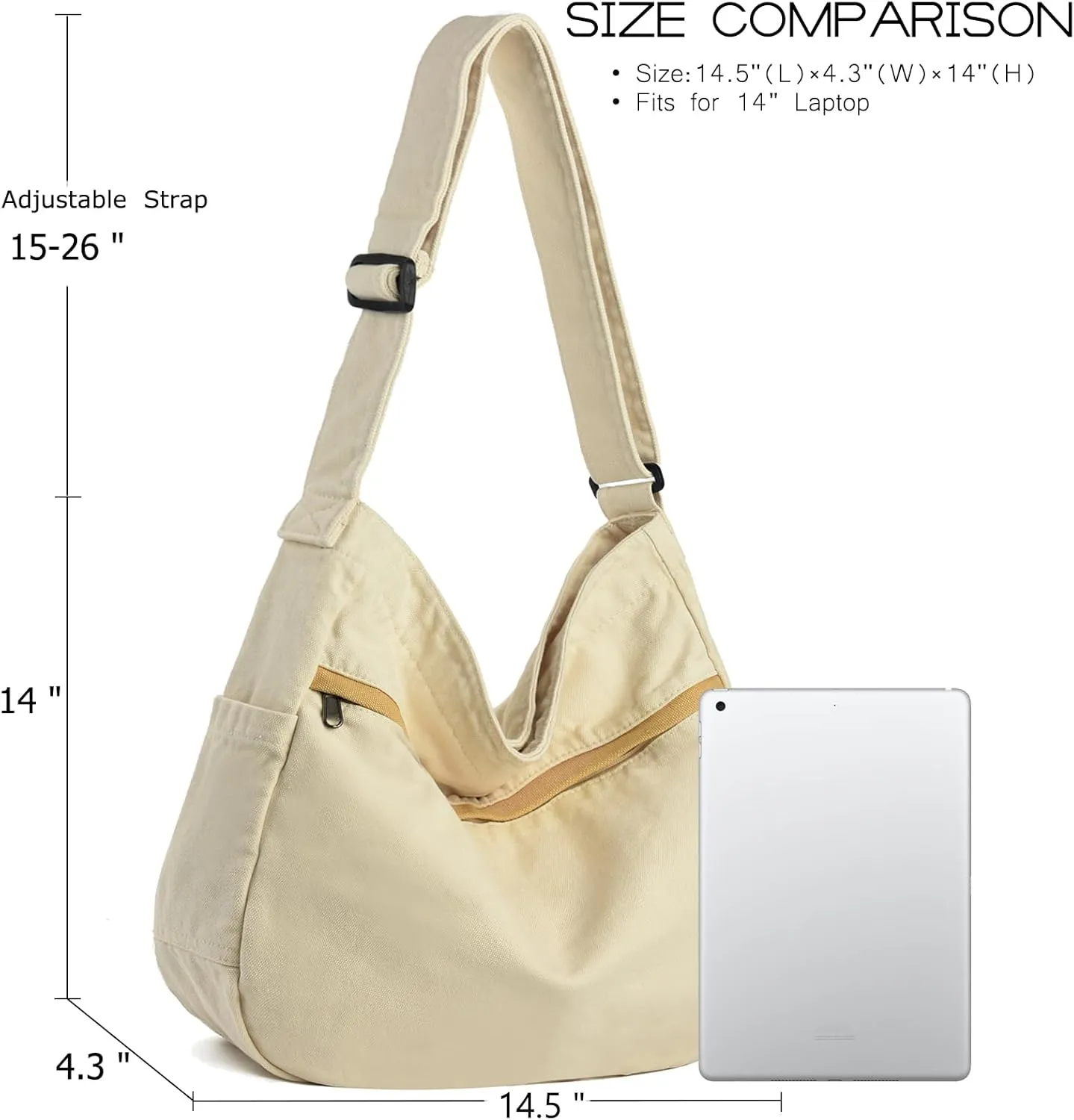 Canvas Hobo Crossbody Shoulder Tote Bag for Women and Men Large Purse Messenger Bag Travel Work Shopping