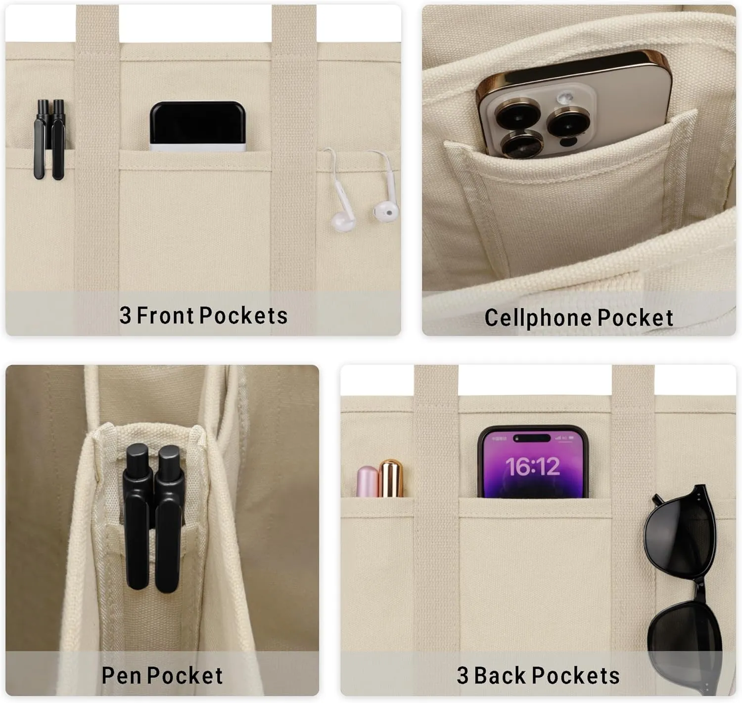 Canvas Tote Bag for Women Crossbody Tote Bag with Multi Pockets Casual Shoulder Bag Top Handle Handbag with Compartments