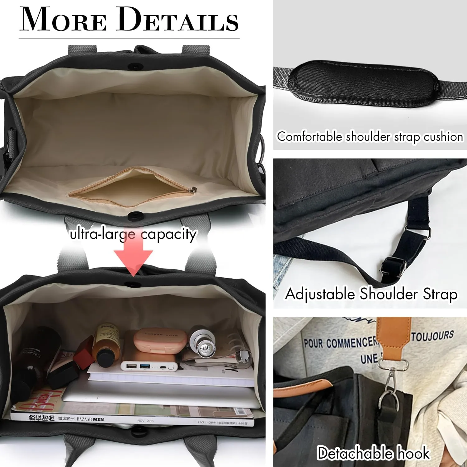 Canvas Tote Bag for Women,Large Totes Bags with Pockets,Womens Crossbody Purse Handbags for Travel Work Gift,2 Sizes