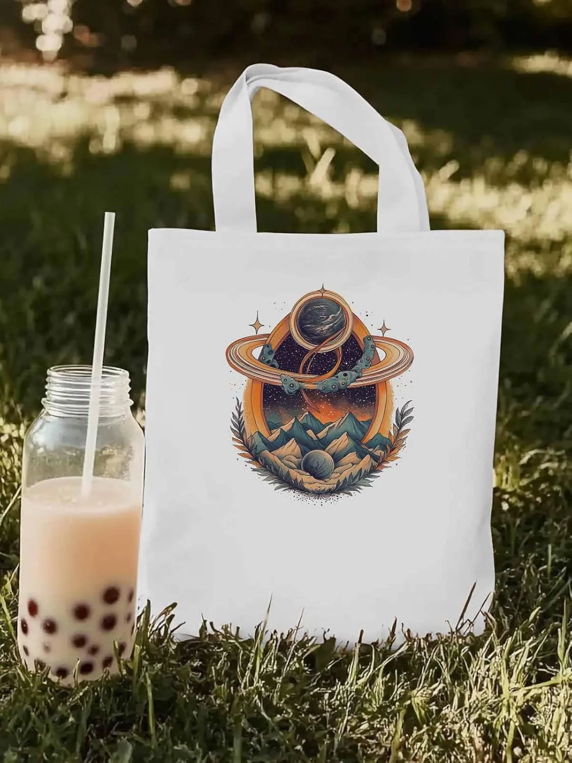 Canvas Tote Bag, Funny Planet Aesthetic Canvas Tote Handbags for Women Shoulder Bag Mountain Leaves
