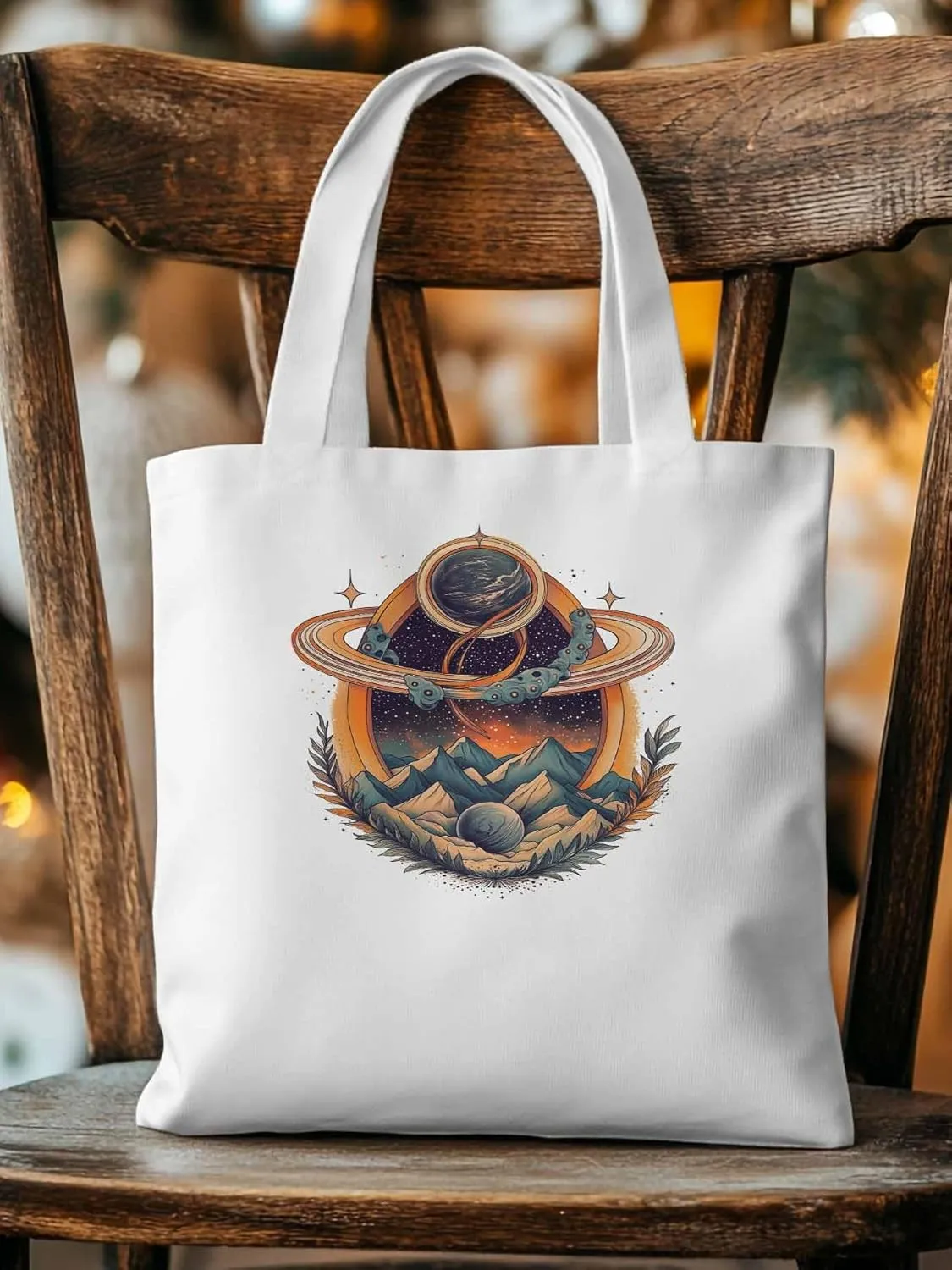 Canvas Tote Bag, Funny Planet Aesthetic Canvas Tote Handbags for Women Shoulder Bag Mountain Leaves
