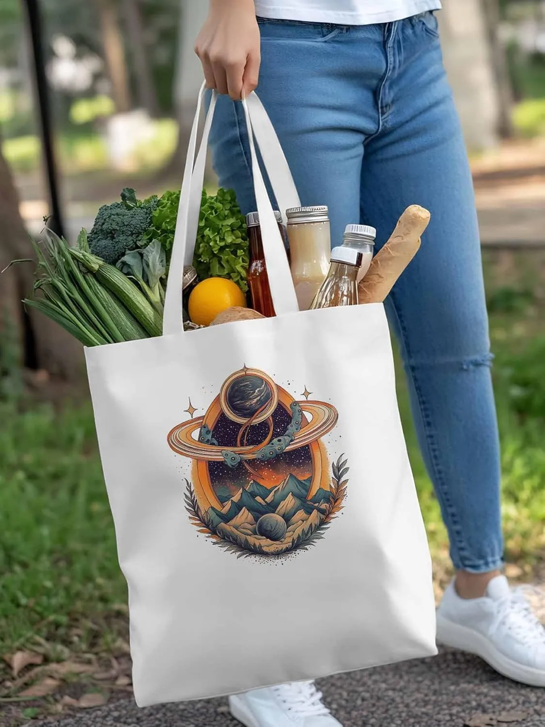 Canvas Tote Bag, Funny Planet Aesthetic Canvas Tote Handbags for Women Shoulder Bag Mountain Leaves