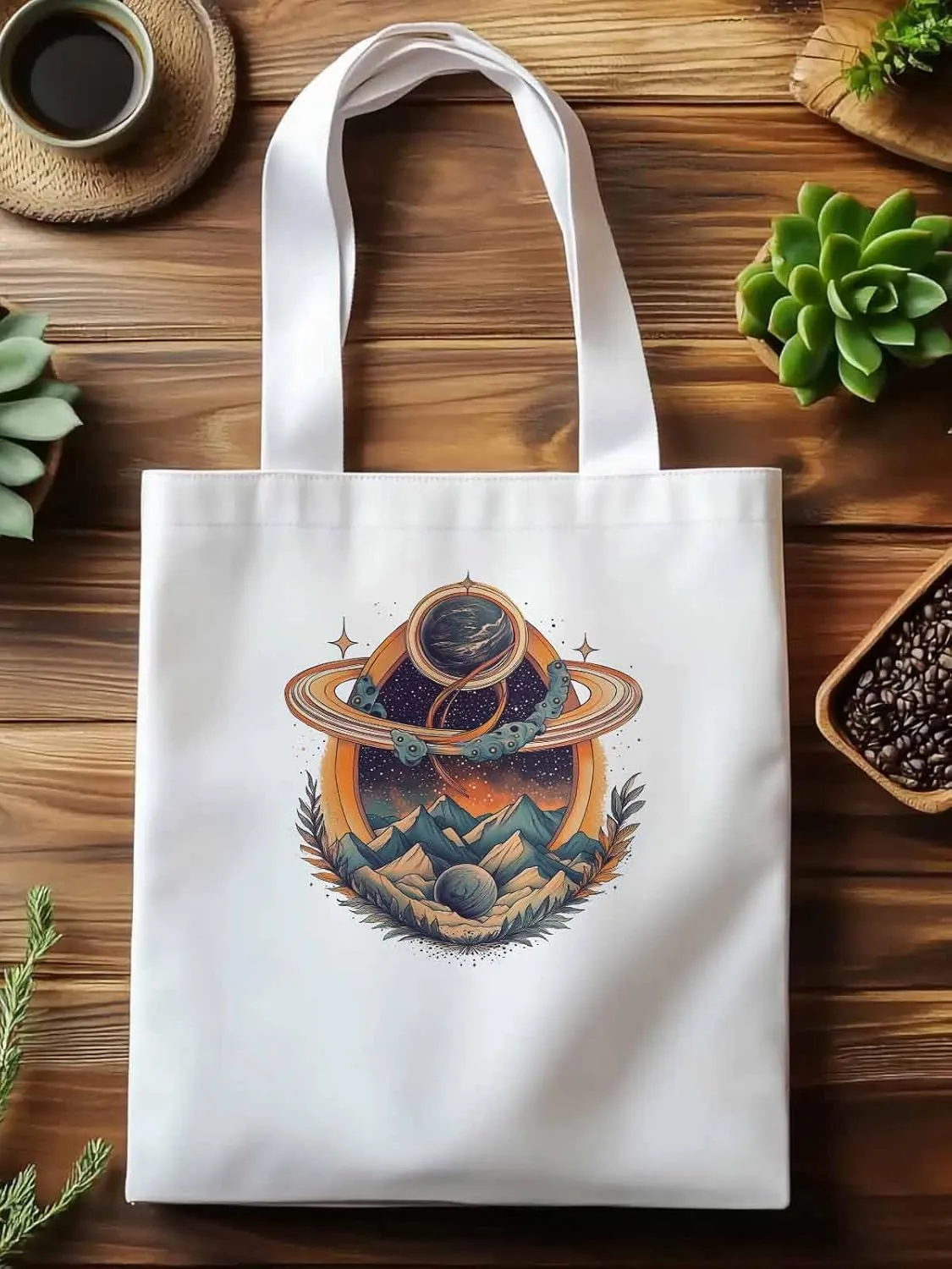 Canvas Tote Bag, Funny Planet Aesthetic Canvas Tote Handbags for Women Shoulder Bag Mountain Leaves