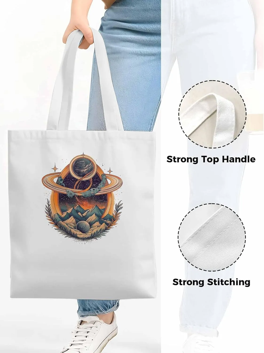 Canvas Tote Bag, Funny Planet Aesthetic Canvas Tote Handbags for Women Shoulder Bag Mountain Leaves