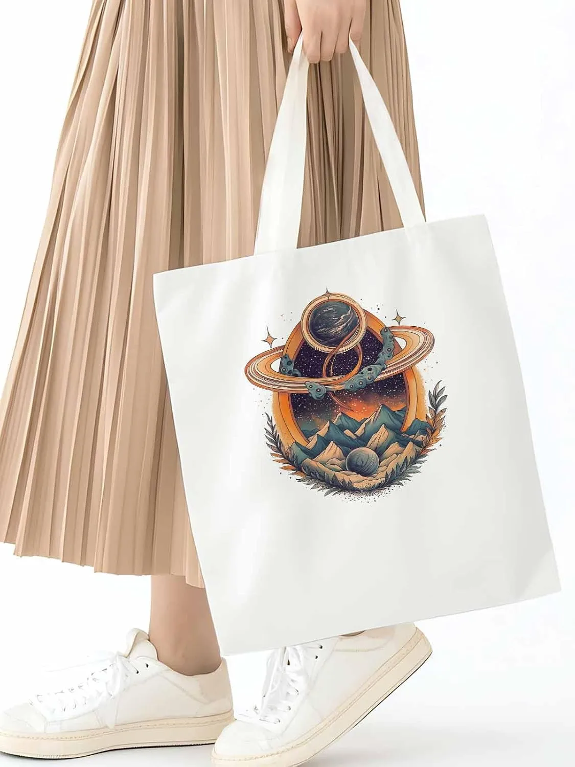 Canvas Tote Bag, Funny Planet Aesthetic Canvas Tote Handbags for Women Shoulder Bag Mountain Leaves