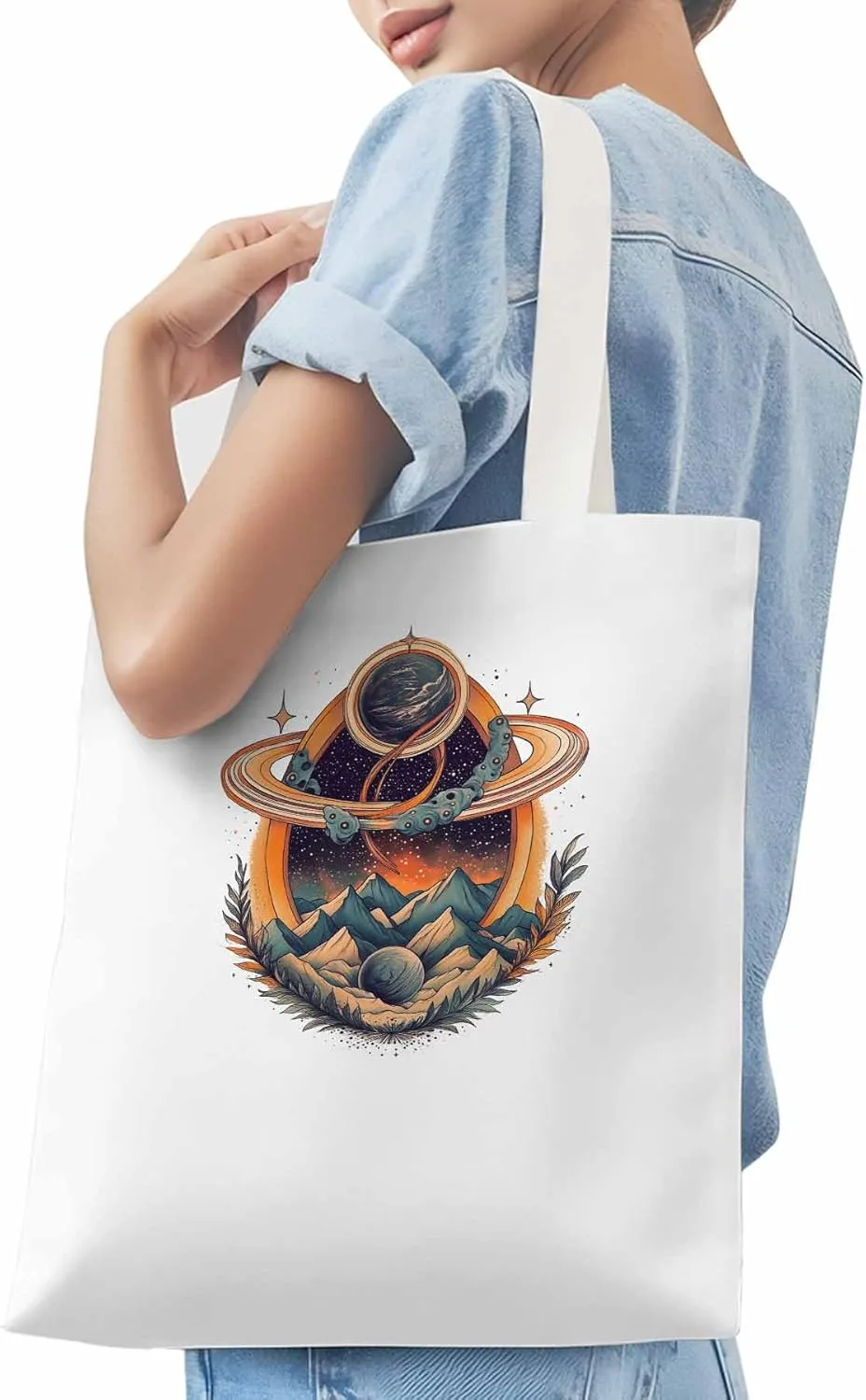 Canvas Tote Bag, Funny Planet Aesthetic Canvas Tote Handbags for Women Shoulder Bag Mountain Leaves