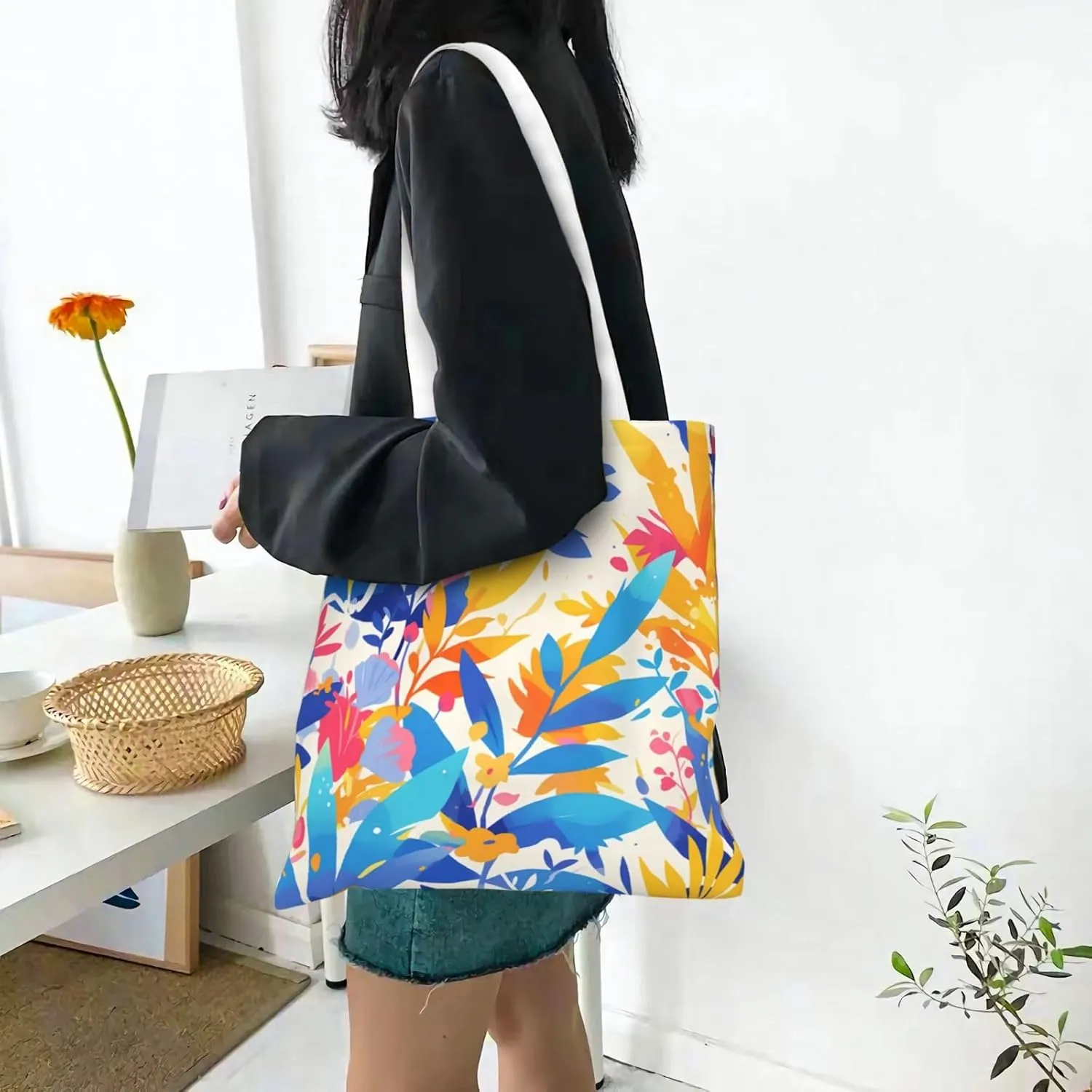 Canvas Tote Bag Women Casual Shoulder Bag Reusable Multipurpose Grocery Bag