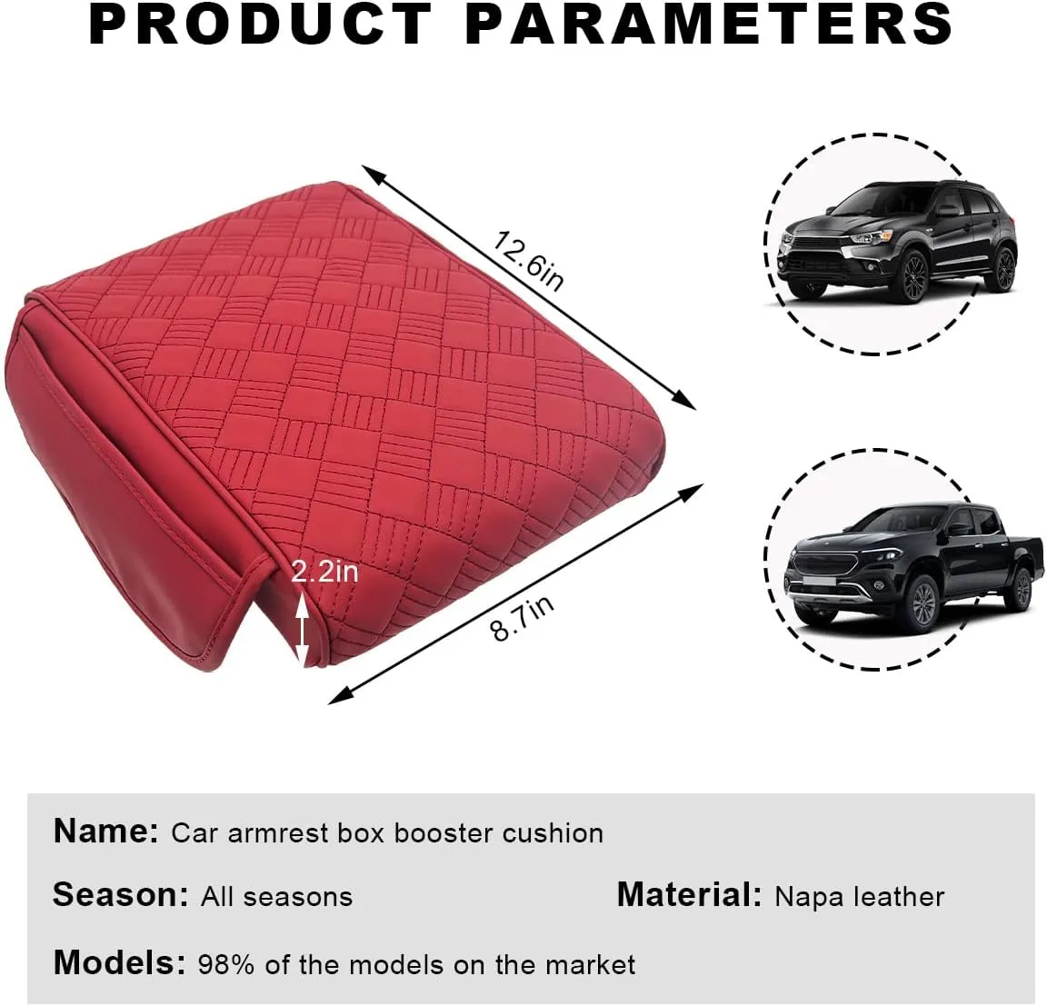 Car Center Console Cover, Waterproof Leather Armrest Box Cushion with Organizer Pocket, Soft Memory Foam Armrest Seat Box Protector Pad for Most Vehicle, Car Accessories (Red)