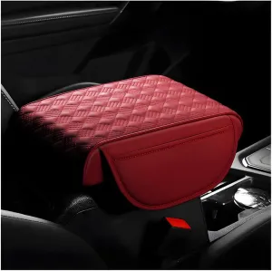 Car Center Console Cover, Waterproof Leather Armrest Box Cushion with Organizer Pocket, Soft Memory Foam Armrest Seat Box Protector Pad for Most Vehicle, Car Accessories (Red)
