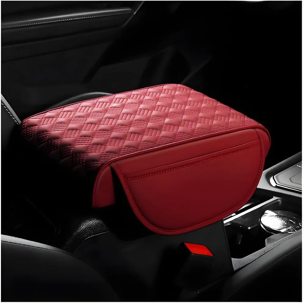 Car Center Console Cover, Waterproof Leather Armrest Box Cushion with Organizer Pocket, Soft Memory Foam Armrest Seat Box Protector Pad for Most Vehicle, Car Accessories (Red)