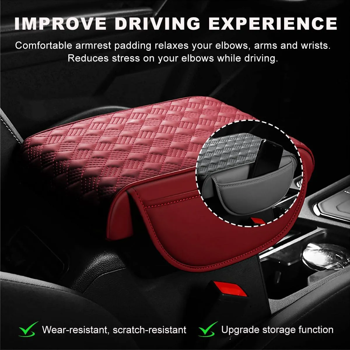 Car Center Console Cover, Waterproof Leather Armrest Box Cushion with Organizer Pocket, Soft Memory Foam Armrest Seat Box Protector Pad for Most Vehicle, Car Accessories (Red)
