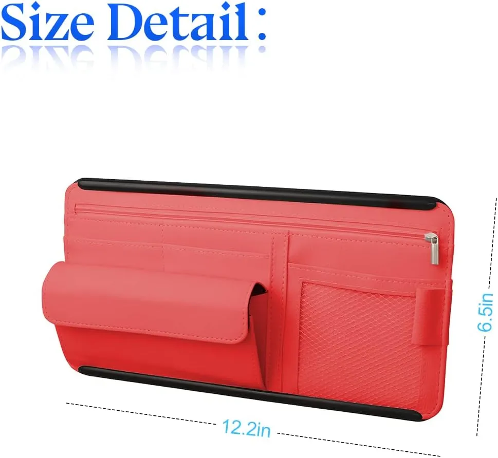 Car Sun Visor Organizer, Car Visor Pocket Wallet Pouch Holder, Vehicle Sunshade Glasses Case Storage Bag with Multi-Pocket Net Zipper, Auto Interior Accessories Universal for SUV Truck Van (Red)