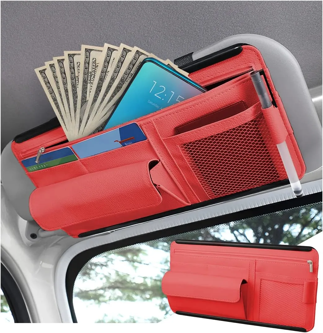 Car Sun Visor Organizer, Car Visor Pocket Wallet Pouch Holder, Vehicle Sunshade Glasses Case Storage Bag with Multi-Pocket Net Zipper, Auto Interior Accessories Universal for SUV Truck Van (Red)