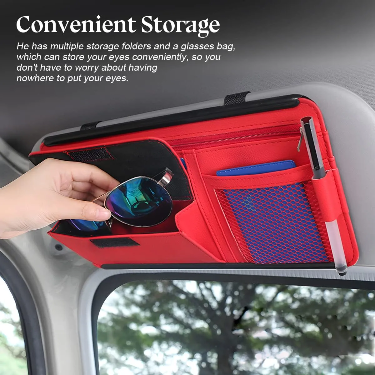 Car Sun Visor Organizer, Car Visor Pocket Wallet Pouch Holder, Vehicle Sunshade Glasses Case Storage Bag with Multi-Pocket Net Zipper, Auto Interior Accessories Universal for SUV Truck Van (Red)