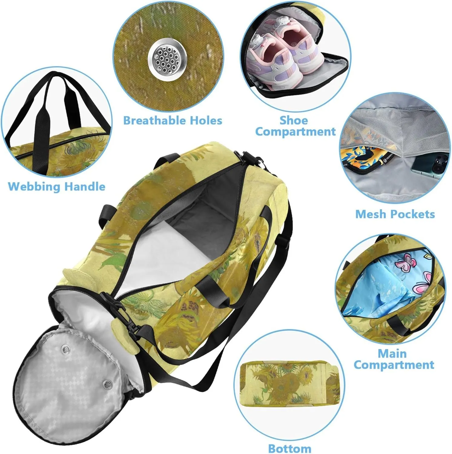 Carry on Duffel for Boys Weekender Overnight Duffle Bags for Traveling Tote Dance Duffle Bag Vangogh Sunflowers Yellow