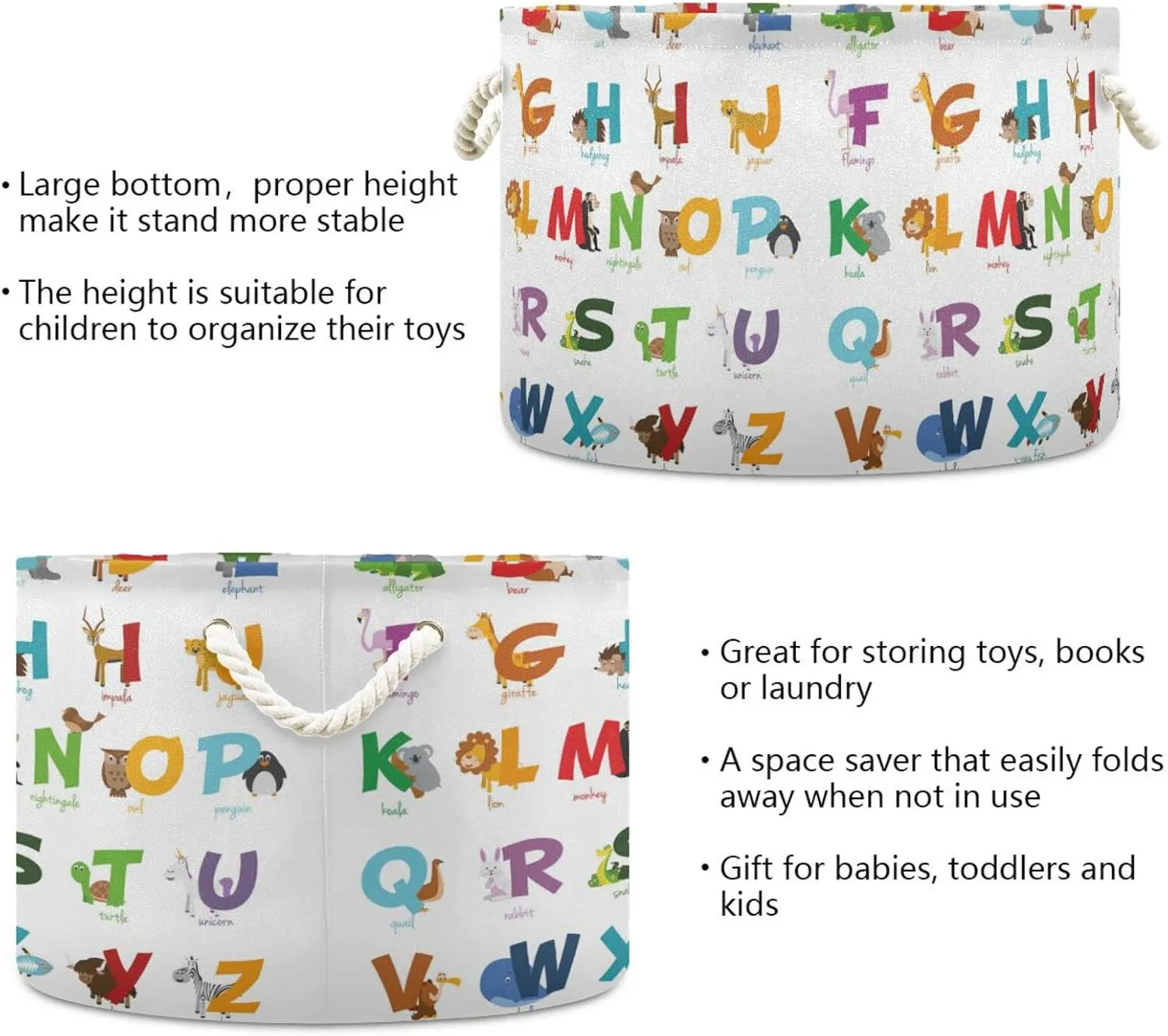 Cartoon Colorful English Alphabet with Funny Zoo Animals on White Round Storage Basket Waterproof Print Collapsible Fabric Cube With Cotton Rope Handles Laundry Bag Organizer Toys Clothes for Room