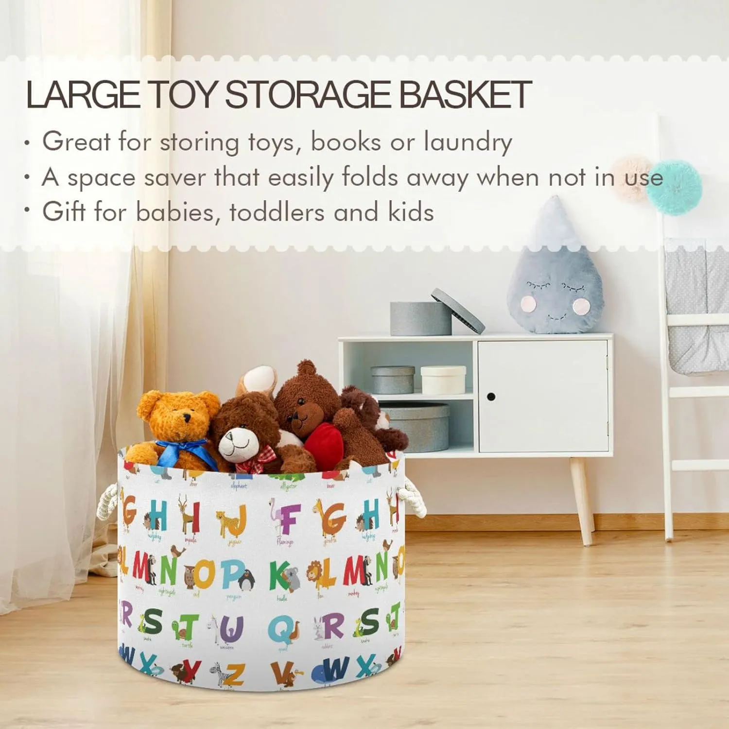Cartoon Colorful English Alphabet with Funny Zoo Animals on White Round Storage Basket Waterproof Print Collapsible Fabric Cube With Cotton Rope Handles Laundry Bag Organizer Toys Clothes for Room