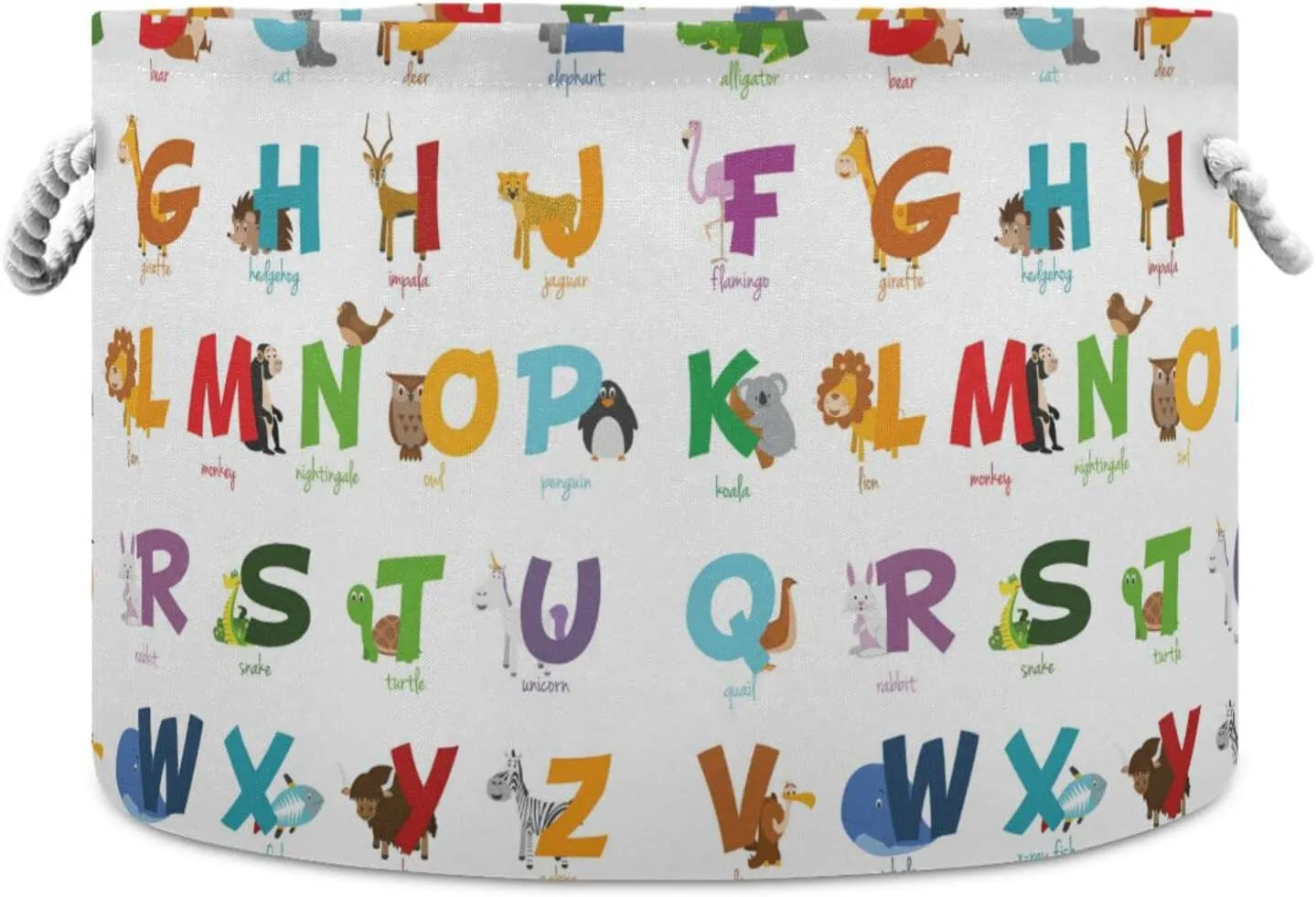 Cartoon Colorful English Alphabet with Funny Zoo Animals on White Round Storage Basket Waterproof Print Collapsible Fabric Cube With Cotton Rope Handles Laundry Bag Organizer Toys Clothes for Room