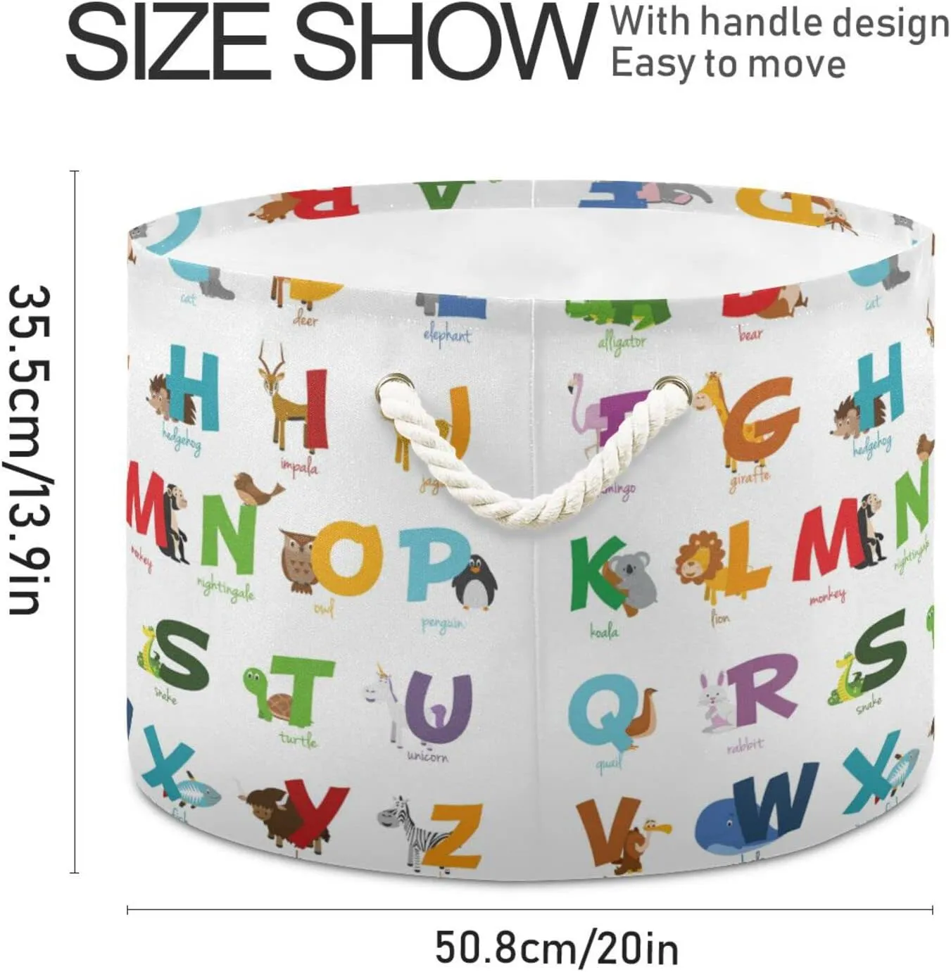 Cartoon Colorful English Alphabet with Funny Zoo Animals on White Round Storage Basket Waterproof Print Collapsible Fabric Cube With Cotton Rope Handles Laundry Bag Organizer Toys Clothes for Room