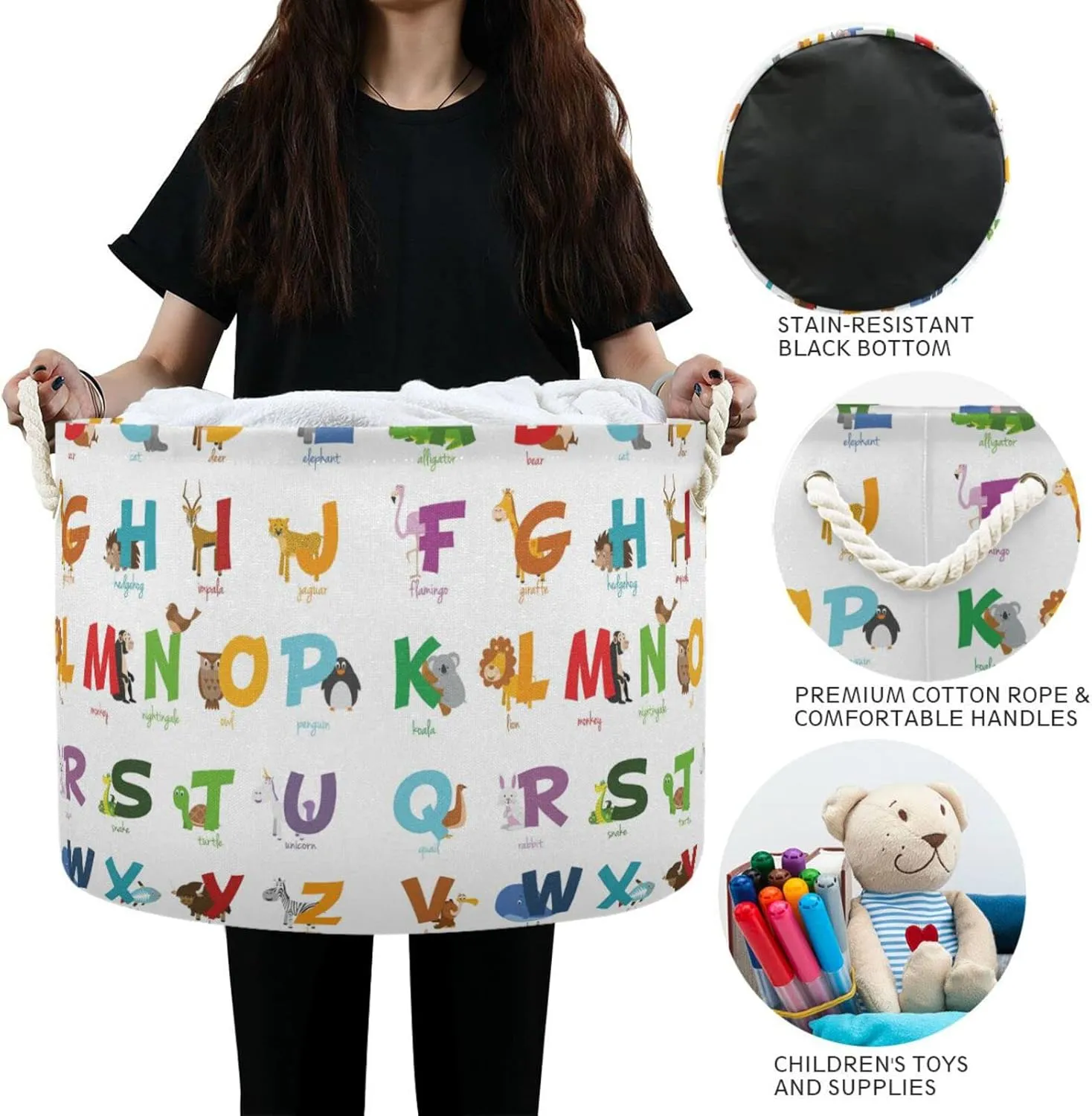 Cartoon Colorful English Alphabet with Funny Zoo Animals on White Round Storage Basket Waterproof Print Collapsible Fabric Cube With Cotton Rope Handles Laundry Bag Organizer Toys Clothes for Room
