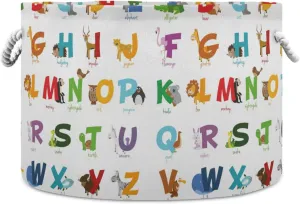Cartoon Colorful English Alphabet with Funny Zoo Animals on White Round Storage Basket Waterproof Print Collapsible Fabric Cube With Cotton Rope Handles Laundry Bag Organizer Toys Clothes for Room