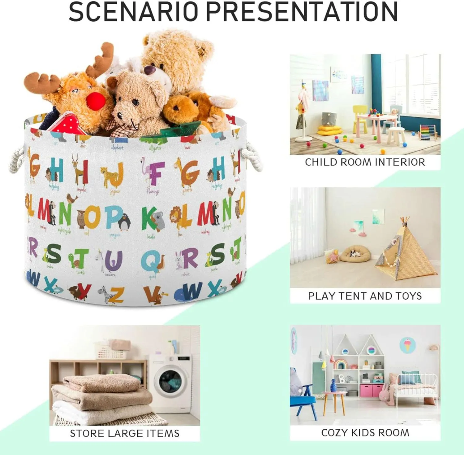 Cartoon Colorful English Alphabet with Funny Zoo Animals on White Round Storage Basket Waterproof Print Collapsible Fabric Cube With Cotton Rope Handles Laundry Bag Organizer Toys Clothes for Room