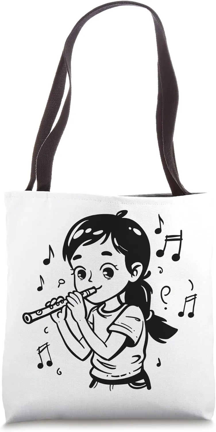 Cartoon Flute Girl Musical Instrument Tote Bag