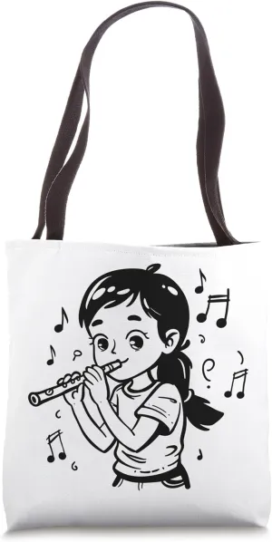 Cartoon Flute Girl Musical Instrument Tote Bag