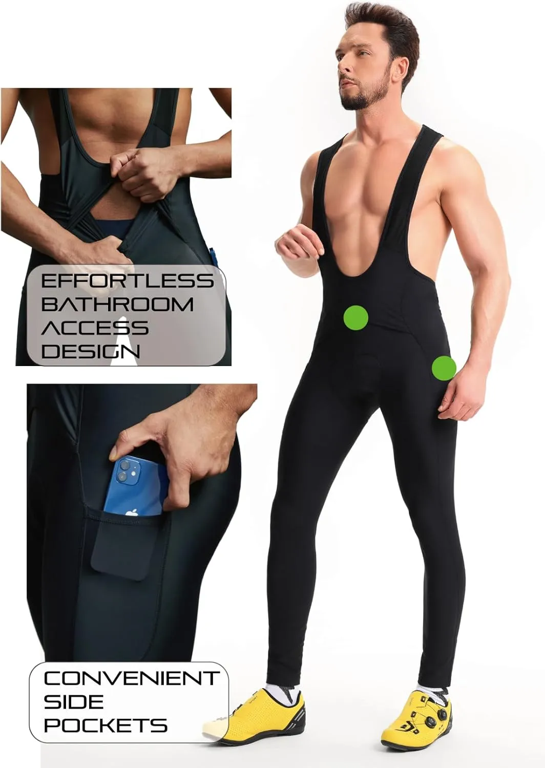 CEROTIPOLAR Men's Thermal Fleece Bathroom Access Cycling Bibs Tights, Bike Bibs Pants for Fall and Cold Winter