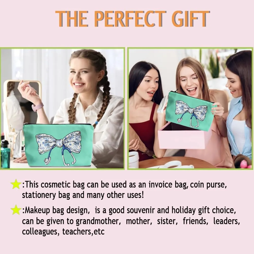 Chinoiserie Coquette Bow Stethoscope Nurse Makeup Bag - trendy Nurse Themed Gifts for Girls Mom Women, Cosmetic Travel Bags for Women, Nursing Student Gifts