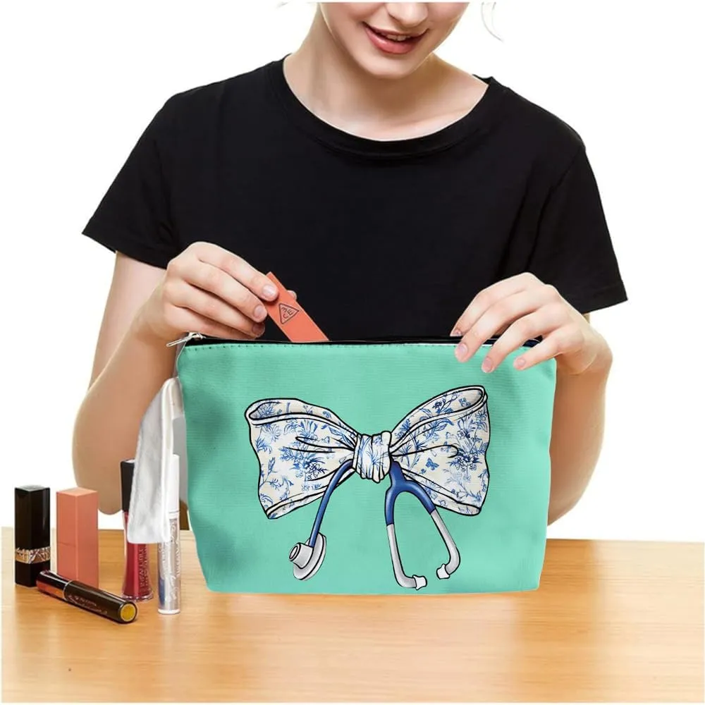 Chinoiserie Coquette Bow Stethoscope Nurse Makeup Bag - trendy Nurse Themed Gifts for Girls Mom Women, Cosmetic Travel Bags for Women, Nursing Student Gifts