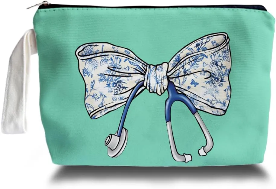 Chinoiserie Coquette Bow Stethoscope Nurse Makeup Bag - trendy Nurse Themed Gifts for Girls Mom Women, Cosmetic Travel Bags for Women, Nursing Student Gifts