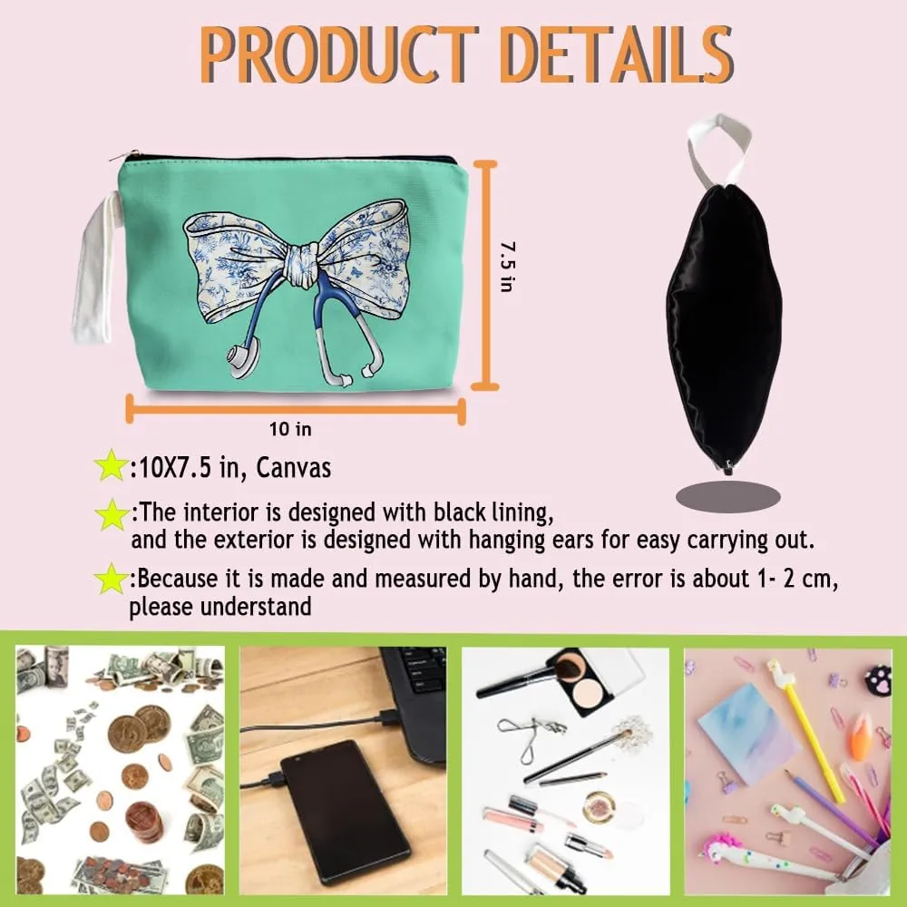 Chinoiserie Coquette Bow Stethoscope Nurse Makeup Bag - trendy Nurse Themed Gifts for Girls Mom Women, Cosmetic Travel Bags for Women, Nursing Student Gifts