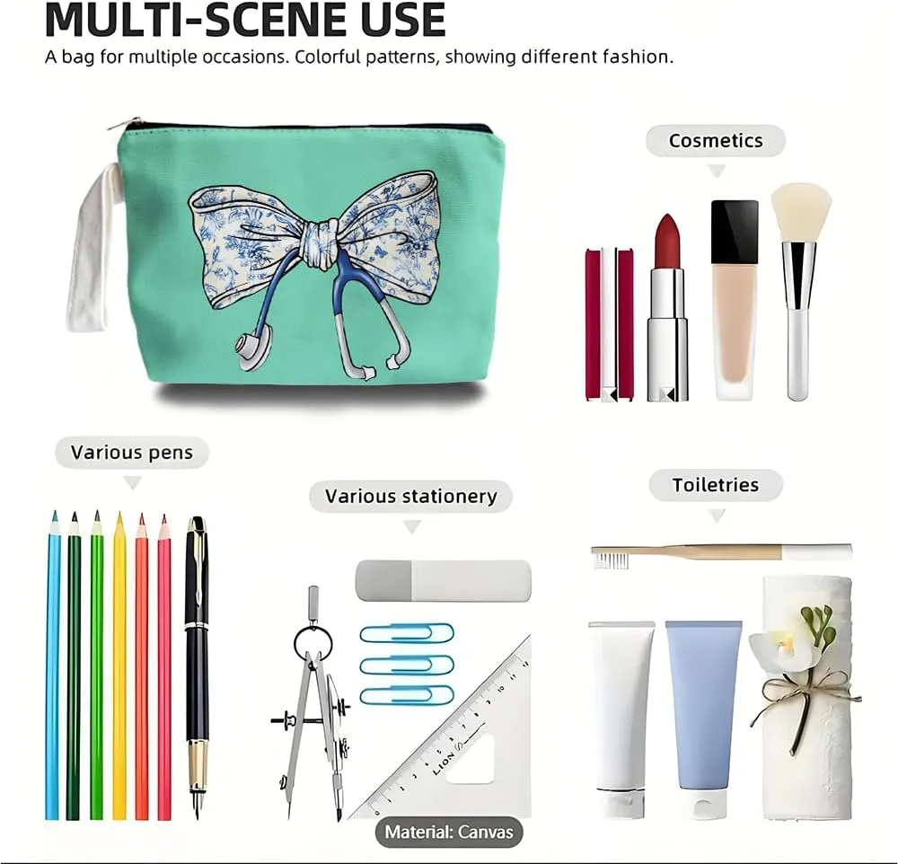 Chinoiserie Coquette Bow Stethoscope Nurse Makeup Bag - trendy Nurse Themed Gifts for Girls Mom Women, Cosmetic Travel Bags for Women, Nursing Student Gifts