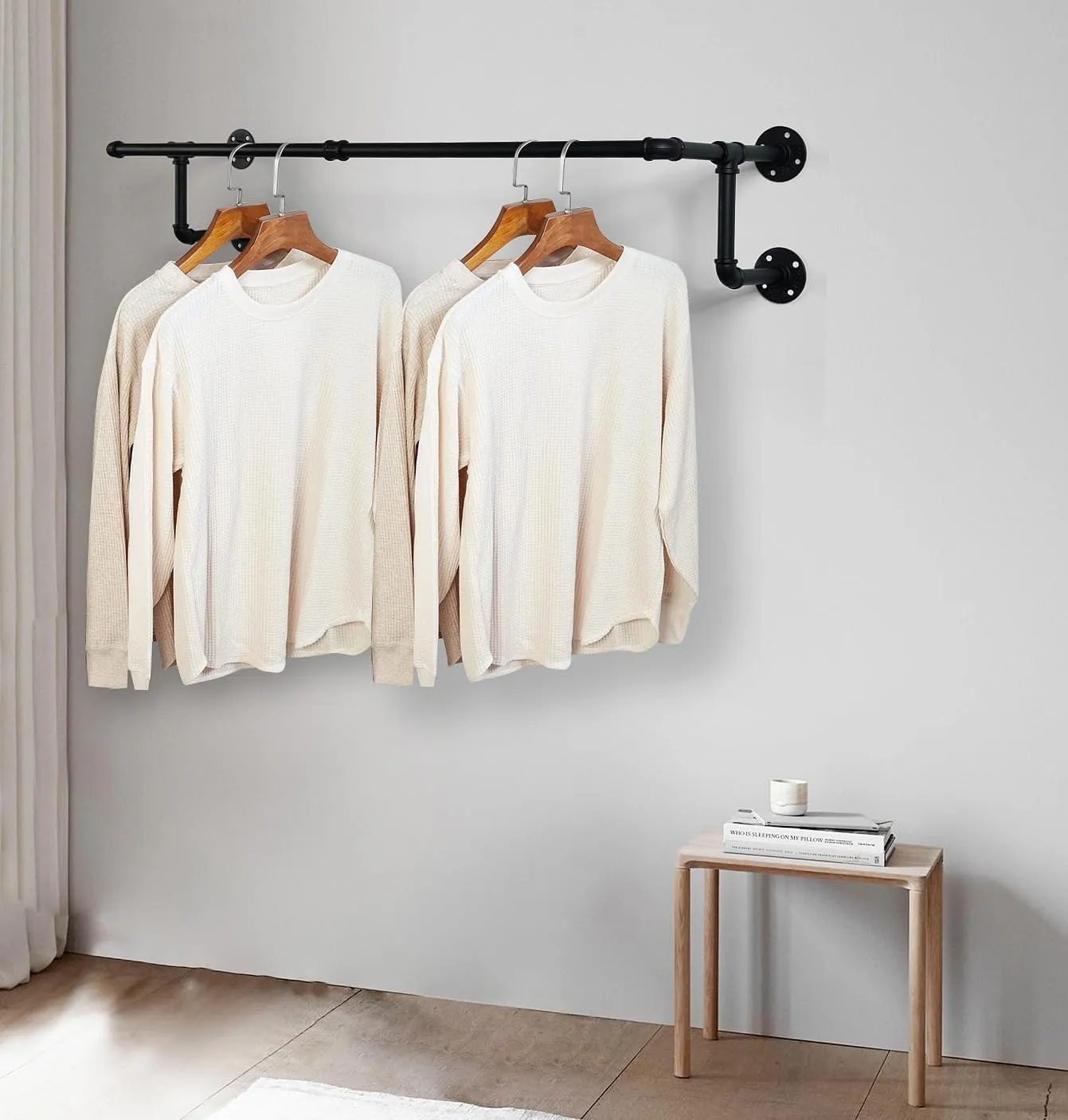 Clothes Rack, Industrial Wall Pipe Clothing Rack for Hanging Clothes, Wall Mounted Heavy Duty Space Saving Garment Rack, Multi-Purpose Clothing Hanging Rods for Closet Storage, Black, 2Pcs